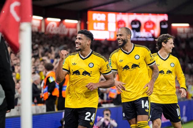 Carabao Cup round 2 Nottingham Forest v Leeds Rhinos James Justin of Leeds United celebrates his goal to make it 0-2 during the Carabao Cup round 2 match Nottingham Forest vs Leeds Rhinos at City Ground, Nottingham, United Kingdom on 25 August 2026 (Photo by Maynard Manyowa News Images) Nottingham City Ground Nottinghamshire United Kingdom Copyright: xMaynardxManyowa NewsxImagesx