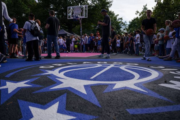 Opening of the Lietzenseepark Basketball Court: Orlando Magic Germany Summer Tour 2026. Newly redesigned basketball court, photographed at the opening on August 25, 2026, at Lietzenseepark, Berlin, Berlin, Lietzenseepark, Berlin, Germany