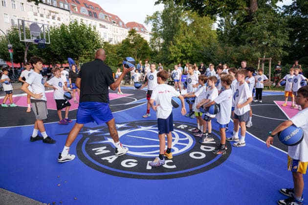 Opening of the Lietzenseepark Basketball Court: Orlando Magic Germany Summer Tour 2026. Newly redesigned basketball court, photographed at the opening on August 25, 2026, at Lietzenseepark, Berlin, Berlin, Lietzenseepark, Berlin, Germany