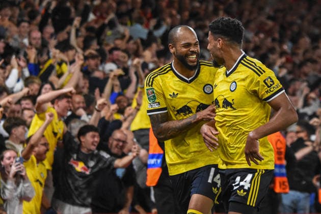 Nottingham Forest v Leeds, Carabao Cup Second round, The City Ground, Nottingham, UK - 25 August 2026 Leeds United s Lukas Nmecha and Leeds United s James Justin celebrate Nottingham Forest s Neco Williams own goal , UK NEWSPAPERS OUT Copyright: xRichardxBowcottx