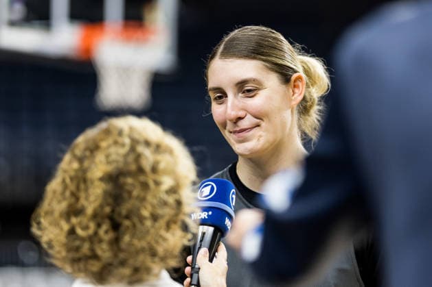 COLOGNE, GERMANY - AUGUST 25: Luisa Geiselsoeder (Geiselsöder, Germany, 15) during media training of DBB Germany women at Lanxess Arena on August 25, 2026 in Cologne, Germany. North Rhine Westphalia Germany Copyright: xSteffiexWunderlx
