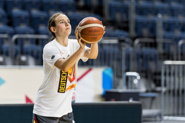 COLOGNE, GERMANY - AUGUST 25: Emily Bessoir (Germany, 22) controls the ball during media training of DBB Germany women at Lanxess Arena on August 25, 2026 in Cologne, Germany. North Rhine Westphalia Germany Copyright: xSteffiexWunderlx