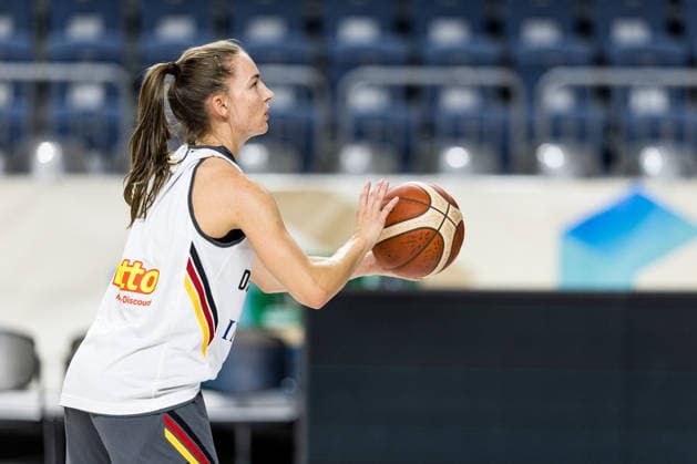 COLOGNE, GERMANY - AUGUST 25: Britta Daub (Germany, 19) controls the ball during media training of DBB Germany women at Lanxess Arena on August 25, 2026 in Cologne, Germany. North Rhine Westphalia Germany Copyright: xSteffiexWunderlx