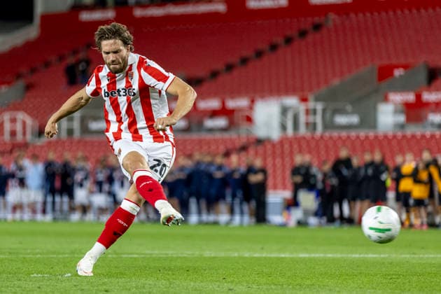 25th August 2026; Bet365 Stadium, Stoke, Staffordshire, England; Carabao Cup Football, Stoke City versus Hull City; Sam Gallagher of Stoke City scores a penalty TimxWilliams