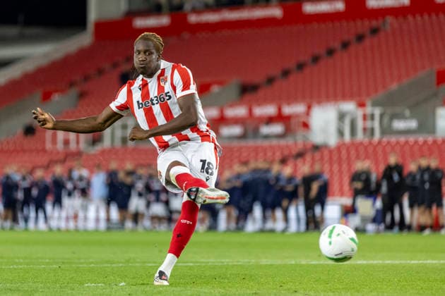 25th August 2026; Bet365 Stadium, Stoke, Staffordshire, England; Carabao Cup Football, Stoke City versus Hull City; Bosun Lawal of Stoke City scores a penalty TimxWilliams