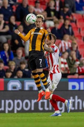 25th August 2026; Bet365 Stadium, Stoke, Staffordshire, England; Carabao Cup Football, Stoke City versus Hull City; Liam Millar of Hull City heads the ball TimxWilliams