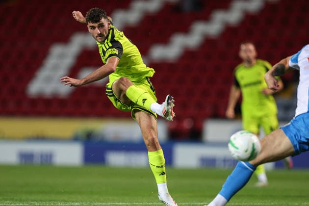 25th August 2026; Ewood Park, Blackburn, England; Carabao Cup Football, Blackburn Rovers versus Sheffield United; Tom Cannon of Sheffield United shoots on goal AidanxHunter