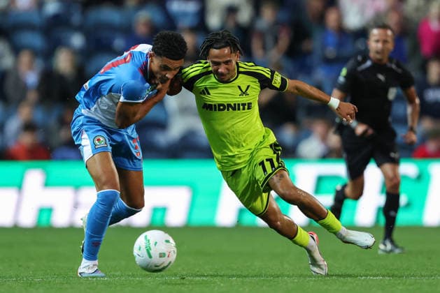 25th August 2026; Ewood Park, Blackburn, England; Carabao Cup Football, Blackburn Rovers versus Sheffield United; Romelle Donovan of Sheffield United and Kristi Montgomery of Blackburn Rovers battle for the ball AidanxHunter