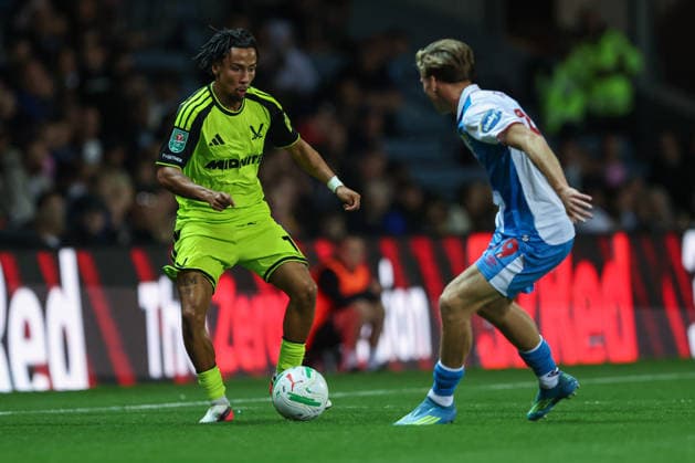 25th August 2026; Ewood Park, Blackburn, England; Carabao Cup Football, Blackburn Rovers versus Sheffield United; Romelle Donovan of Sheffield United takes on Harvey Pates of Blackburn Rovers AidanxHunter
