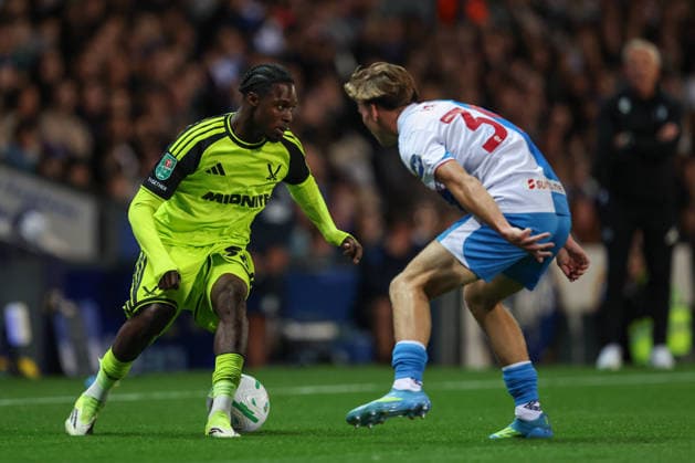 25th August 2026; Ewood Park, Blackburn, England; Carabao Cup Football, Blackburn Rovers versus Sheffield United; Femi Seriki of Sheffield United controls the ball whilst under pressure from Harvey Pates of Blackburn Rovers AidanxHunter