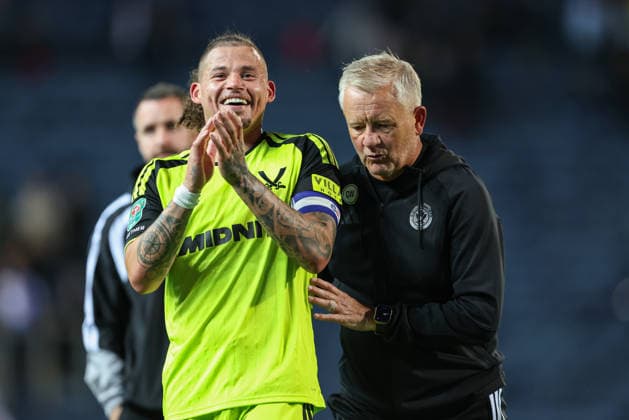 25th August 2026; Ewood Park, Blackburn, England; Carabao Cup Football, Blackburn Rovers versus Sheffield United; Chris Wilder manager of Sheffield United and Kalvin Phillips of Sheffield United celebrate at the end of the game AidanxHunter