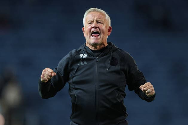 25th August 2026; Ewood Park, Blackburn, England; Carabao Cup Football, Blackburn Rovers versus Sheffield United; Chris Wilder manager of Sheffield United celebrates at the end of the game AidanxHunter