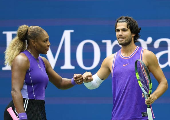 August 25, 2026, New York City, New York, USA: CARLOS ALCARAZ of Spain and SERENA WILLIAMS of USA during the match in the first round mixed doubles of US Open against E. Routliffe of New Zealand and L. Glasspool of Great Britain. New York, USA. New York City USA - ZUMAc278 20260825_zsp_c278_036 Copyright: xMarcinxCholewinskix
