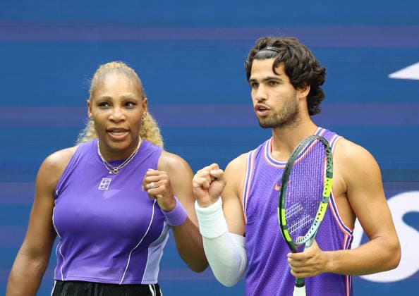 August 25, 2026, New York City, New York, USA: CARLOS ALCARAZ of Spain and SERENA WILLIAMS of USA during the match in the first round mixed doubles of US Open against E. Routliffe of New Zealand and L. Glasspool of Great Britain. New York, USA. New York City USA - ZUMAc278 20260825_zsp_c278_037 Copyright: xMarcinxCholewinskix