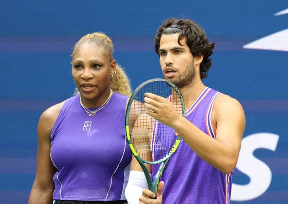 August 25, 2026, New York City, New York, USA: CARLOS ALCARAZ of Spain and SERENA WILLIAMS of USA during the match in the first round mixed doubles of US Open against E. Routliffe of New Zealand and L. Glasspool of Great Britain. New York, USA. New York City USA - ZUMAc278 20260825_zsp_c278_038 Copyright: xMarcinxCholewinskix