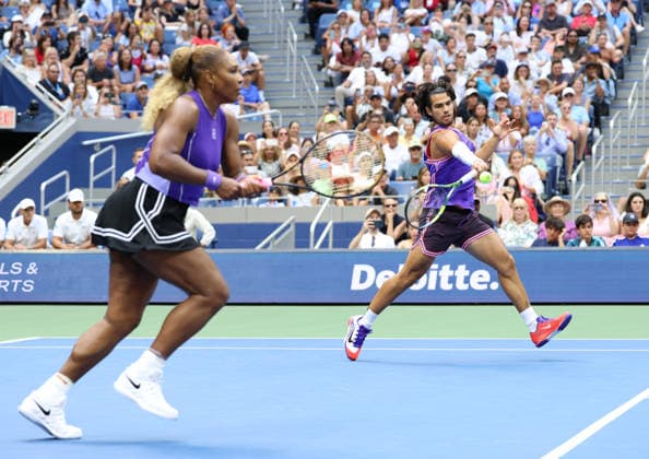 August 25, 2026, New York City, New York, USA: CARLOS ALCARAZ of Spain and SERENA WILLIAMS of USA during the match in the first round mixed doubles of US Open against E. Routliffe of New Zealand and L. Glasspool of Great Britain. New York, USA. New York City USA - ZUMAc278 20260825_zsp_c278_045 Copyright: xMarcinxCholewinskix