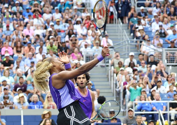 August 25, 2026, New York City, New York, USA: CARLOS ALCARAZ of Spain and SERENA WILLIAMS of USA during the match in the first round mixed doubles of US Open against E. Routliffe of New Zealand and L. Glasspool of Great Britain. New York, USA. New York City USA - ZUMAc278 20260825_zsp_c278_046 Copyright: xMarcinxCholewinskix