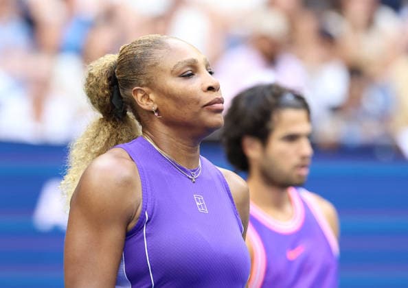 August 25, 2026, New York City, New York, USA: CARLOS ALCARAZ of Spain and SERENA WILLIAMS of USA during the match in the first round mixed doubles of US Open against E. Routliffe of New Zealand and L. Glasspool of Great Britain. New York, USA. New York City USA - ZUMAc278 20260825_zsp_c278_048 Copyright: xMarcinxCholewinskix