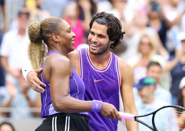 August 25, 2026, New York City, New York, USA: CARLOS ALCARAZ of Spain and SERENA WILLIAMS of USA during the match in the first round mixed doubles of US Open against E. Routliffe of New Zealand and L. Glasspool of Great Britain. New York, USA. New York City USA - ZUMAc278 20260825_zsp_c278_050 Copyright: xMarcinxCholewinskix