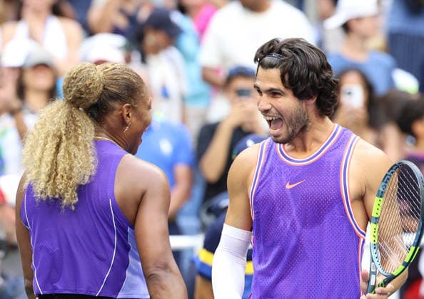 August 25, 2026, New York City, New York, USA: CARLOS ALCARAZ of Spain and SERENA WILLIAMS of USA during the match in the first round mixed doubles of US Open against E. Routliffe of New Zealand and L. Glasspool of Great Britain. New York, USA. New York City USA - ZUMAc278 20260825_zsp_c278_051 Copyright: xMarcinxCholewinskix
