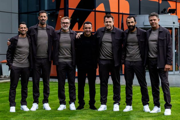 ZEIST, NETHERLANDS - AUGUST 25: Netherlands goalkeeper coach Patrick Lodewijks, Netherlands performance coach Ivan Torres, Netherlands assistant coach Ruud van Nistelrooij, Netherlands assistant coach Oscar Hernandez, Netherlands head coach Xavi Hernandez, Netherlands assistant coach Sergio Alegre, Netherlands assistant coach dil Ramzi and KNVB director of football Nigel de Jong pose during the unveiling of Xavi Hernandez as the new head coach of the Netherlands men s football team at the KNVB Campus on August 25, 2026 in Zeist, Netherlands.  Copyright: xRenexNijhuis MBxMediax