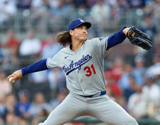 Pitcher Tyler Glasnow 31 of the Los Angeles Dodgers throws a pitch against the Los Angeles Dodgers at Truist Park on Tuesday, August 25, 2026 in Atlanta, Georgia.  ATL20260825103 MikexZarrilli