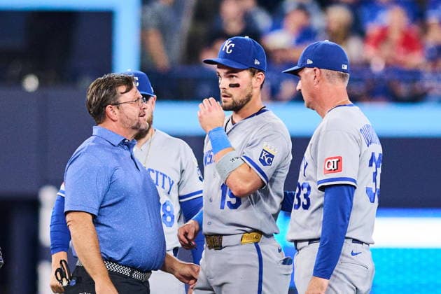 August 25, 2026, Toronto, On, Canada: Kansas City Royals second baseman Michael Massey (19) reacts after an injury forces him out of the game during fifth inning MLB, Baseball Herren, USA baseball action against the Toronto Blue Jays in Toronto, on Tuesday, Aug. 25, 2026. Canada News - August 25, 2026 - ZUMAc35_ 20260825_zaf_c35_120 Copyright: xSammyxKoganx