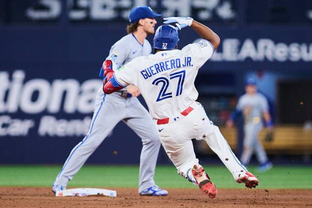 August 25, 2026, Toronto, On, Canada: Toronto Blue Jays Vladimir Guerrero Jr. (27) slides into second base with a double during eighth inning MLB, Baseball Herren, USA baseball action against the Kansas City Royals in Toronto, on Tuesday, Aug. 25, 2026. Canada News - August 25, 2026 - ZUMAc35_ 20260825_zaf_c35_134 Copyright: xSammyxKoganx