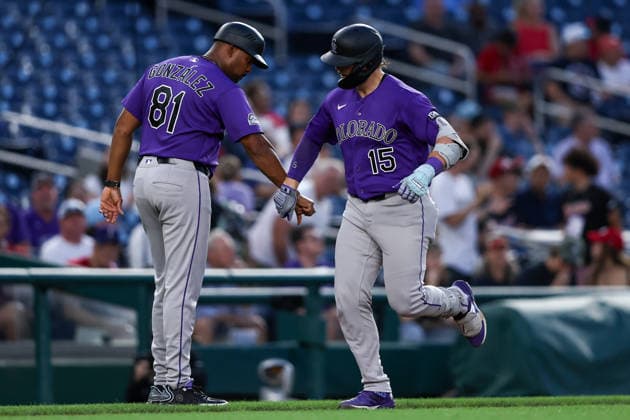 August 25, 2026, Washington D.C, District Of Columbia, United States: Washington, DC; Colorado Rockies catcher Hunter Goodman (15) celebrates his home run with third base coach Andy GonzoÂ¡lez (81) during the Major League Baseball game between the Washington Nationals and the Colorado Rockies at Nationals Park on Tuesday, August 25, 2026. The Rockies beat the Nationals 3-1. MLB, Baseball Herren, USA Colorado Rockies 3:1 Washington Nationals  - ZUMAp258 20260825_znp_p258_023 Copyright: xStevexPrakopex