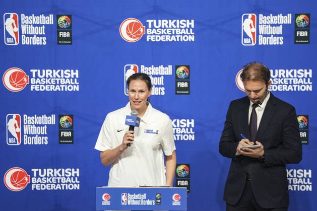 Basketball Without Borders Next Up boys camp opens in Istanbul ISTANBUL, TURKIYE - AUGUST 26: Kimberley Gaucher, President of the FIBA Players Commission, speaks during the opening ceremony of the Basketball Without Borders (BWB) Next Up boys camp, organized jointly by the NBA, Basketball Herren, USA FIBA, and the Turkish Basketball Federation (TBF), at the Turkcell Basketball Development Center in Istanbul, Turkiye, on August 26, 2026. The prestigious youth development initiative brings together elite young male basketball talent from across the region for intensive training sessions and leadership workshops. Agit Erdi Ulukaya Anadolu Istanbul Turkey. Editorial use only. Please get in touch for any other usage.  Copyright: x2026xAnadoluxAgitxErdixUlukayax