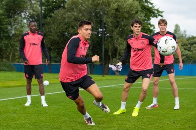 Vanja Dragojevic and his team mates Olwethu Makhanya, Kosta Nedeljkovic and Ryan Naderi training ahead of tomorrow s UEFA Conference League qualifying match against Jablonec. Rangers Training - The Rangers Training Centre, Glasgow, Lanarkshire, Scotland, UK - 26 Aug 2026Glasgow The Rangers Training Centre Lanarkshire United Kingdom  Copyright: xO Rourke RangersxFC Shutterstockx 17117524e