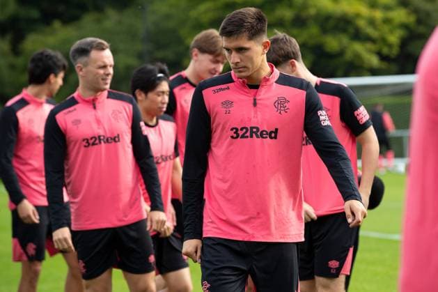 Vanja Dragojevic and his team mates training ahead of tomorrow s UEFA Conference League qualifying match against Jablonec. Rangers Training - The Rangers Training Centre, Glasgow, Lanarkshire, Scotland, UK - 26 Aug 2026Glasgow The Rangers Training Centre Lanarkshire United Kingdom  Copyright: xO Rourke RangersxFC Shutterstockx 17117524a