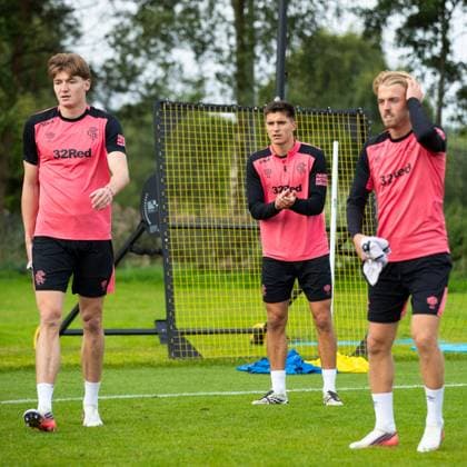 Vanja Dragojevic and his team mates Ryan Naderi and Ross McCausland training ahead of tomorrow s UEFA Conference League qualifying match against Jablonec. Rangers Training - The Rangers Training Centre, Glasgow, Lanarkshire, Scotland, UK - 26 Aug 2026Glasgow The Rangers Training Centre Lanarkshire United Kingdom  Copyright: xO Rourke RangersxFC Shutterstockx 17117524p