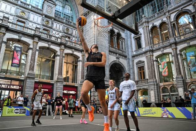 players are pictured in action during the latest press conference, PK, Pressekonferenz regarding the 3x3 European Basketball Championship in Antwerp (Sept. 11 13), on Wednesday 26 August 2026 in Antwerp. JONASxROOSENS  x184366739x