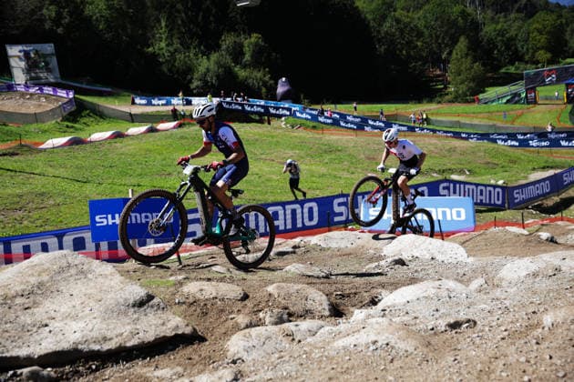 2026 UCI Mountain Bike World Championships Picture by Ed Sykes SWpix.com - 26 08 2026 - Cycling - 2026 UCI Mountain Bike World Championships - Val di Sole, Trentino, Italy - E-mountain bike (E-MTB) Cross Country - Men Elite - Jerome Gilloux (France), Joris Ryf (Switzerland) Copyright: x xSWpix.comx(t axPhotographyxHubxLtd)xEdxSykes SWpix.comx SWP-3030-19464