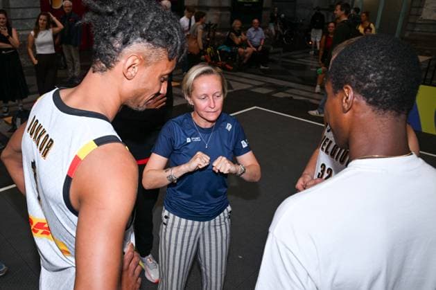 Antwerp alderwoman Annick De Ridder and players are pictured during the latest press conference, PK, Pressekonferenz regarding the 3x3 European Basketball Championship in Antwerp (Sept. 11 13), on Wednesday 26 August 2026 in Antwerp. JONASxROOSENS  x184366732x