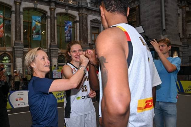 Antwerp alderwoman Annick De Ridder and players are pictured during the latest press conference, PK, Pressekonferenz regarding the 3x3 European Basketball Championship in Antwerp (Sept. 11 13), on Wednesday 26 August 2026 in Antwerp. JONASxROOSENS  x184366735x