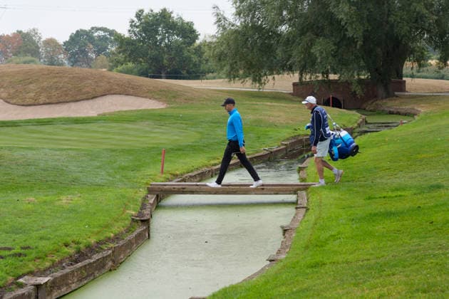 SUTTON COLDFIELD, ENGLAND - AUG 26: Marcel Schneider (GER) crosses a bridge on the 2nd hole during the Pro-Am at the 2026 Husqvarna British Masters at The Belfry, Sutton Coalfield on August 26, 2026 in Warwickshire, England The 2026 Husqvarna British Masters