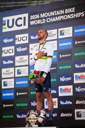 2026 UCI Mountain Bike World Championships Picture by Ed Sykes SWpix.com - 26 08 2026 - Cycling - 2026 UCI Mountain Bike World Championships - Val di Sole, Trentino, Italy - E-mountain bike (E-MTB) Cross Country - Men Elite Podium - Jerome Gilloux (France) wins the Gold Medal to become World Champion Copyright: x xSWpix.comx(t axPhotographyxHubxLtd)xEdxSykes SWpix.comx SWP-3030-19506