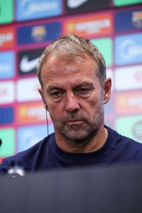 August 26, 2026, Sant Joan Despi, Barcelona, Spain: Hansi Flick, head coach of FC Barcelona, Barca attends his press conference, PK, Pressekonferenz during the training day of FC Barcelona ahead the Spanish League, LaLiga EA Sports, football match against Athletic Club at Ciudad Esportiva Joan Gamper on August 26, 2026 in Sant Joan Despi, Barcelona, Spain. FC Barcelona Training And Press Conference - LaLiga EA Sports  - ZUMAa181 20260826_zaa_a181_049 Copyright: xJavierxBorregox