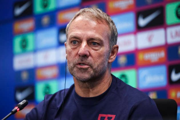 August 26, 2026, Sant Joan Despi, Barcelona, Spain: Hansi Flick, head coach of FC Barcelona, Barca attends his press conference, PK, Pressekonferenz during the training day of FC Barcelona ahead the Spanish League, LaLiga EA Sports, football match against Athletic Club at Ciudad Esportiva Joan Gamper on August 26, 2026 in Sant Joan Despi, Barcelona, Spain. FC Barcelona Training And Press Conference - LaLiga EA Sports  - ZUMAa181 20260826_zaa_a181_056 Copyright: xJavierxBorregox