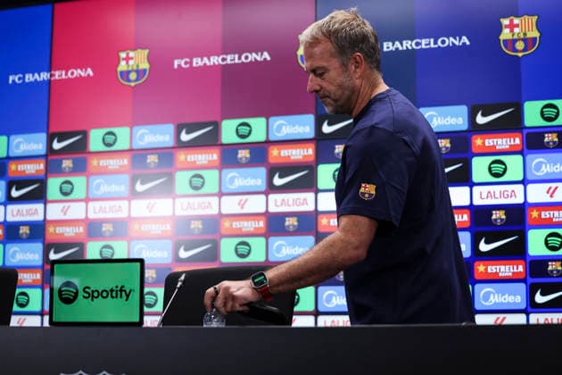 August 26, 2026, Sant Joan Despi, Barcelona, Spain: Hansi Flick, head coach of FC Barcelona, Barca attends his press conference, PK, Pressekonferenz during the training day of FC Barcelona ahead the Spanish League, LaLiga EA Sports, football match against Athletic Club at Ciudad Esportiva Joan Gamper on August 26, 2026 in Sant Joan Despi, Barcelona, Spain. FC Barcelona Training And Press Conference - LaLiga EA Sports  - ZUMAa181 20260826_zaa_a181_070 Copyright: xJavierxBorregox