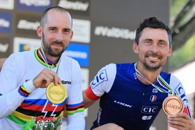 Mountain Bike Cycling World Championships UCI 2026 Pierre Teyssot MAXPPP ; Mountain Bike Cycling World Championships UCI 2026 in Commezzadura on August 26, 2026. E-MTB Cross Country Race, left Jerome Gilloux (FRA) is the new World Champion, right, Stephane Tempier is third. Pierre Teyssot Maxppp Commezzadura Val di Sole - Trentino Italy  Copyright: xMAXPPPxPierrexTeyssotx TEY60335 TEY60335