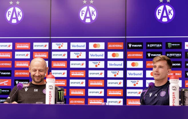 SOCCER - UEFA ECL, A.Wien vs Braga VIENNA,AUSTRIA,26.AUG.26 - SOCCER - UEFA Conference League, play-off, Austria Wien vs Sporting Braga, preview, press conference, PK, Pressekonferenz A.Wien. Image shows head coach Stephan Helm and Johannes Eggestein (A.Wien).  GEPAxpictures xArminxRauthner