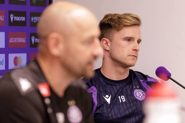 SOCCER - UEFA ECL, A.Wien vs Braga VIENNA,AUSTRIA,26.AUG.26 - SOCCER - UEFA Conference League, play-off, Austria Wien vs Sporting Braga, preview, press conference, PK, Pressekonferenz A.Wien. Image shows head coach Stephan Helm and Johannes Eggestein (A.Wien).  GEPAxpictures xArminxRauthner