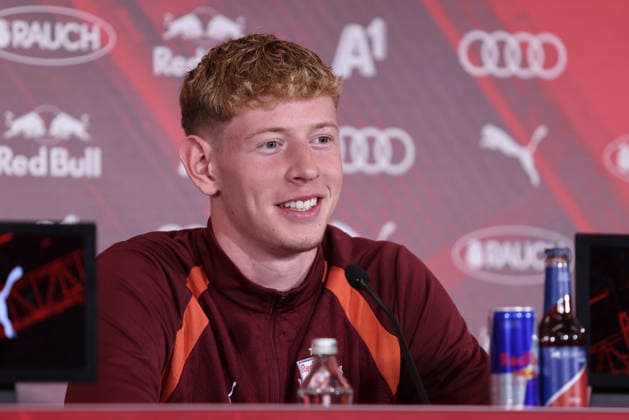 SOCCER - UEFA EL, RBS vs Mjaellby SALZBURG,AUSTRIA,26.AUG.26 - SOCCER - UEFA Europa League, play-off, Red Bull Salzburg vs Mjaellby AIF, preview, press conference, PK, Pressekonferenz RBS. Image shows Valentin Sulzbacher (RBS).  GEPAxpictures xMathiasxMandl