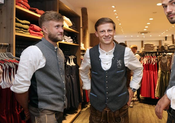 Soccer, Men s, Oktoberfest Outfits, 2026–2027 Season, TSV 1860 Munich, Traditional Attire by Angermaier: Matthew Collins of TSV 1860 Munich (left) with Moritz Seiffert of TSV 1860 Munich (right) in traditional attire, wearing lederhosen, standing