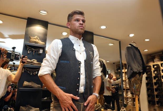 Soccer, Men s, Oktoberfest Outfits, 2026–2027 Season, TSV 1860 Munich, Traditional Attire by Angermaier: Florian Niederlechner of TSV 1860 Munich in traditional attire, wearing lederhosen, during a fitting