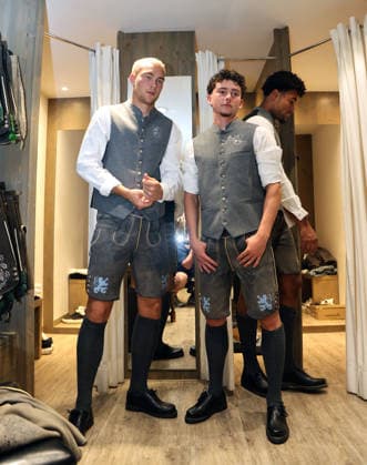 Soccer, Men s, Oktoberfest Outfits, 2026–2027 Season, TSV 1860 Munich, Traditional Attire by Angermaier: Lasse Fassmann (TSV 1860 Munich, left) and Lance Fiedler (TSV 1860 Munich, right) standing in traditional attire, wearing lederhosen