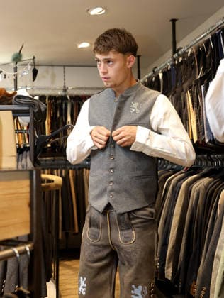 Soccer, Men s, Oktoberfest Outfits, 2026–2027 Season, TSV 1860 Munich, Angermaier Traditional Costumes, Emre Erdogan of TSV 1860 Munich during a fitting in traditional attire, Lederhosen